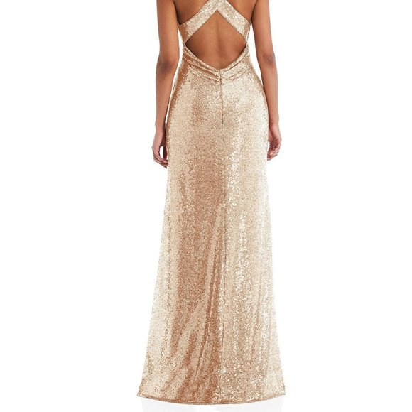Open-Neck Criss Cross Back Sequin Maxi Dress..Dessy TH081...Rosegold...Size L - Picture 4 of 8